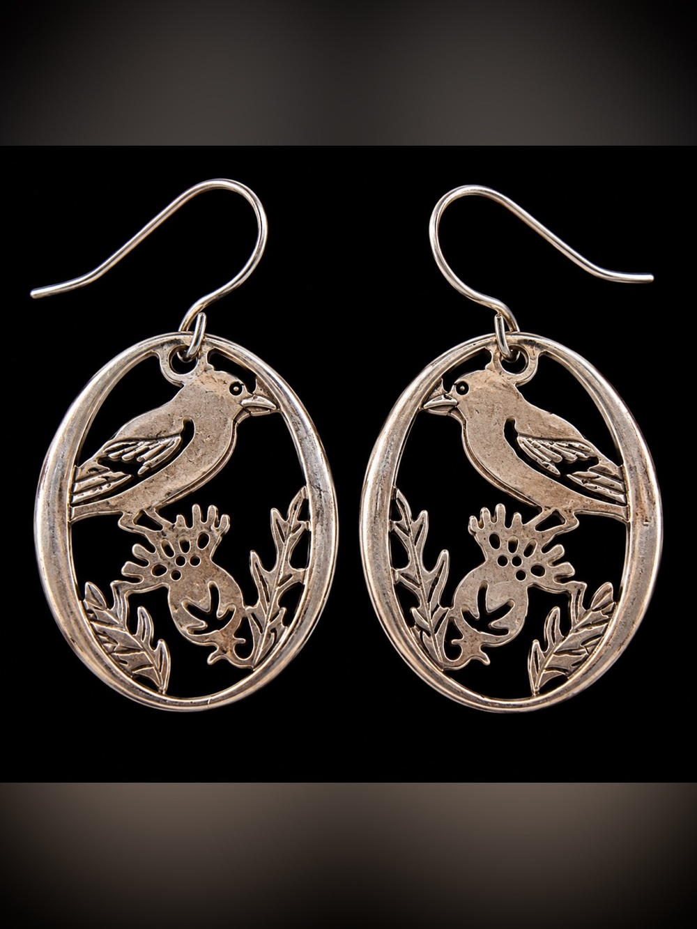 Vintage Silver Tone Cutout Bird & Flower Oval Dangle Earrings